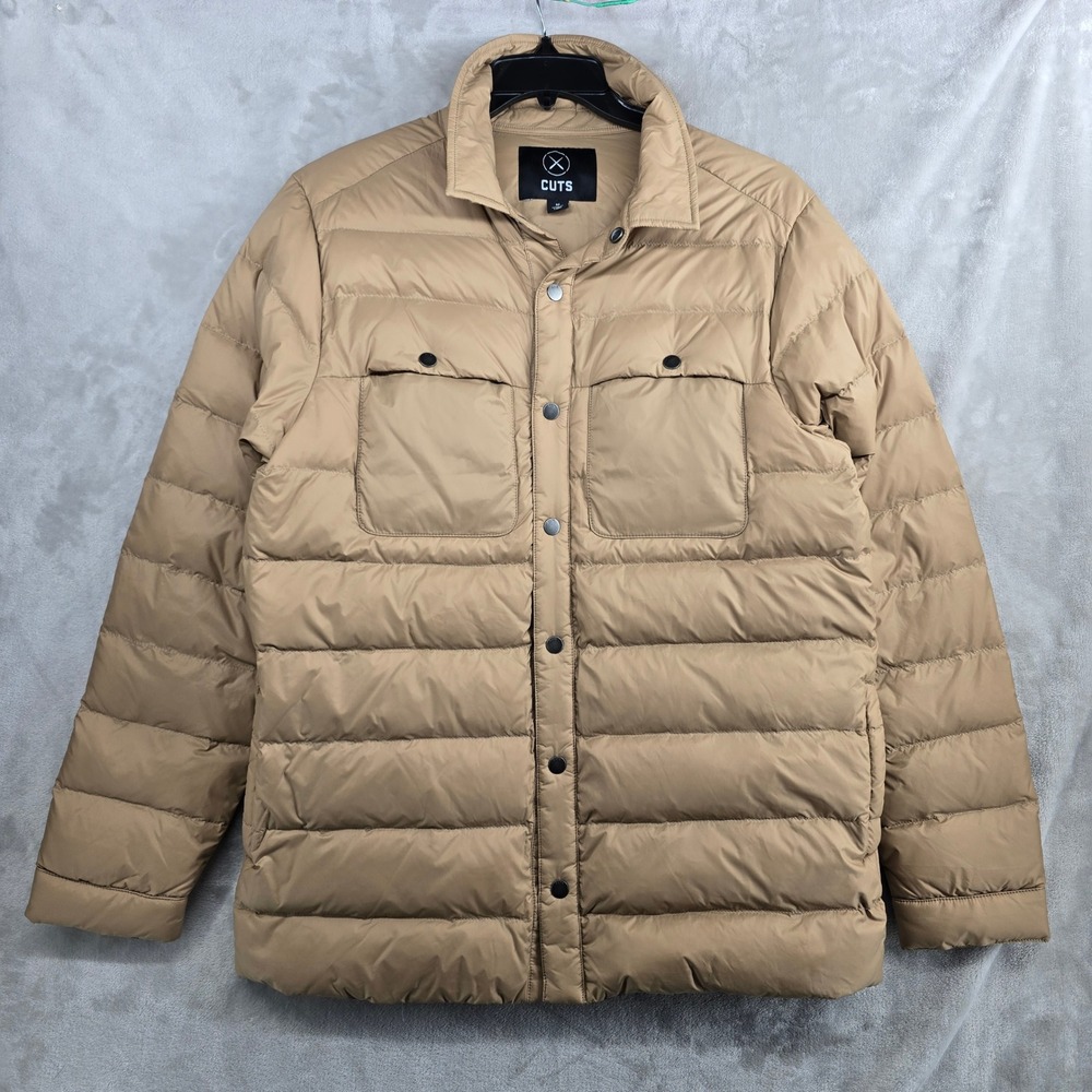 CUTS Clothing aasgard Mens Medium Puffer Jacket Down Jacket Snap Front Tan Beige